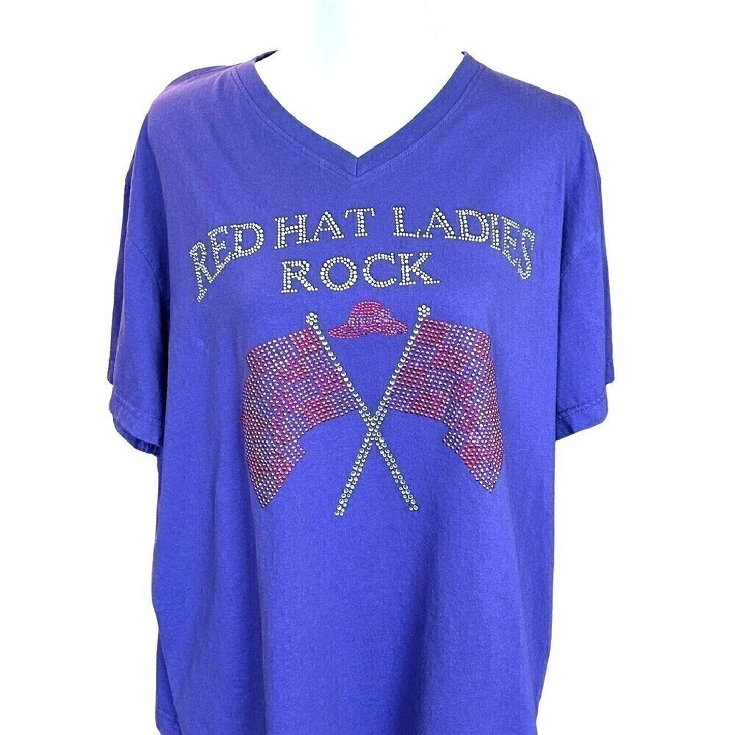 Red Hat Ladies Society Rock T-Shirt Size 2X Rhinestone Graphic w/Flag #K1297
