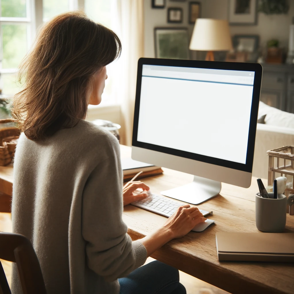 Woman sitting at her computer shopping online at The Online Thrift Store.