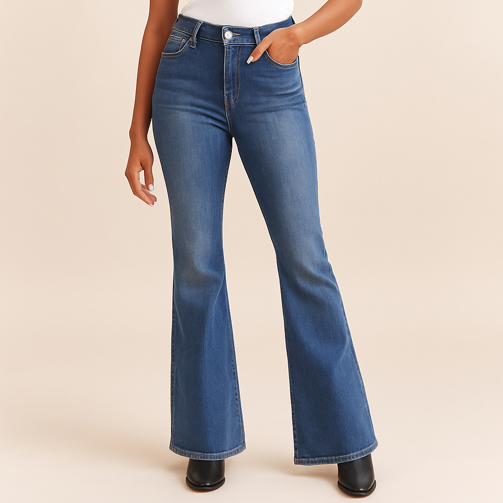 Image of AE77 Premium women’s high-rise vintage flare jeans in washed blue denim, showing front view with structured flare leg.