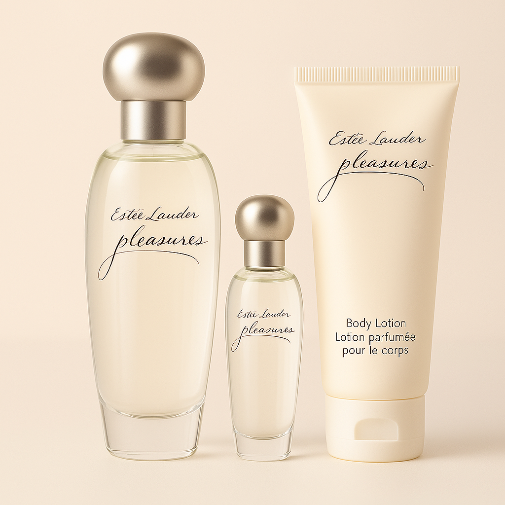 mage of the Estée Lauder Pleasures Favorites Trio gift set including one full-size eau de parfum spray, a mini perfume spray, and a matching body lotion arranged on a soft neutral background.