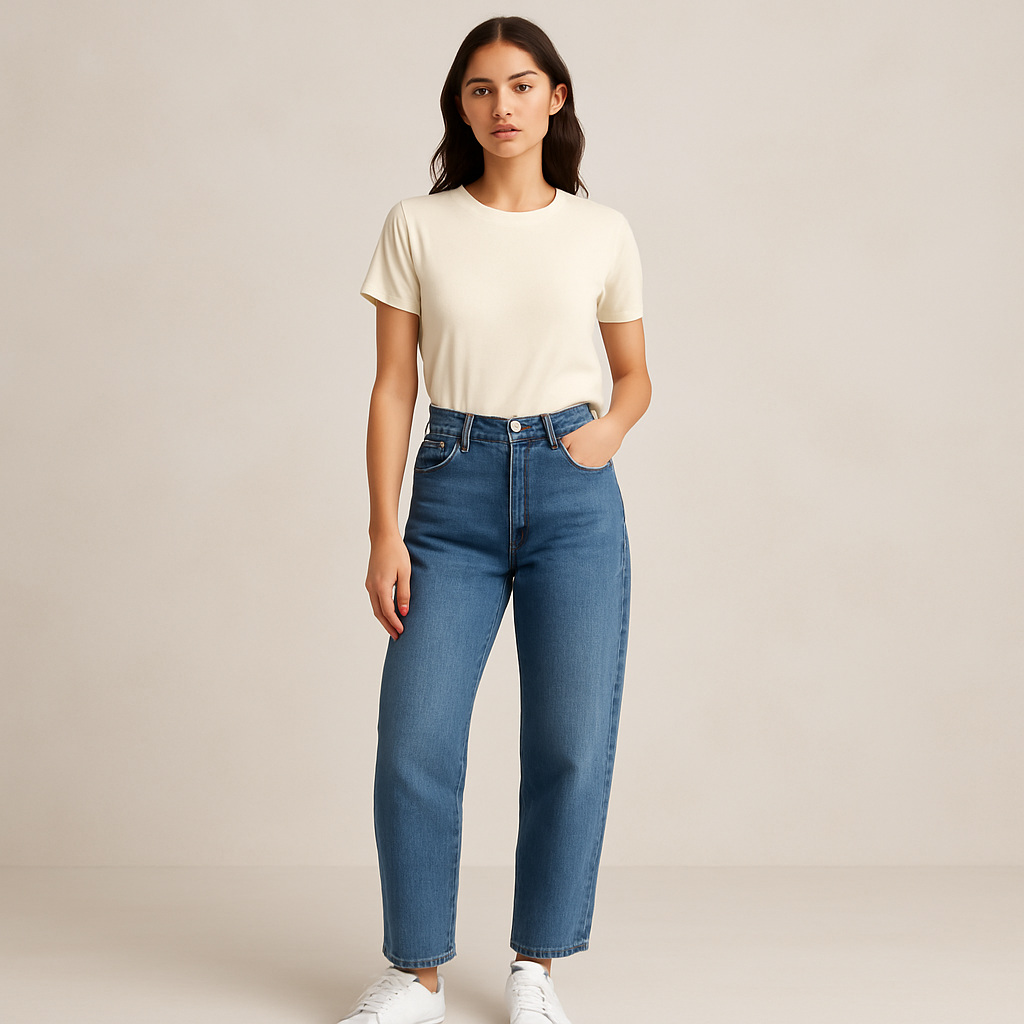 Model wearing AG Jeans Hattie High-Rise Barrel Jeans in Al Fresco wash, shown head to below knees in structured denim.