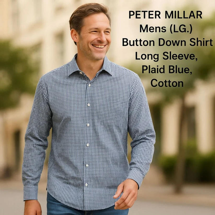 Classic Peter Millar Men’s Blue Plaid Cotton Shirt – Size Large