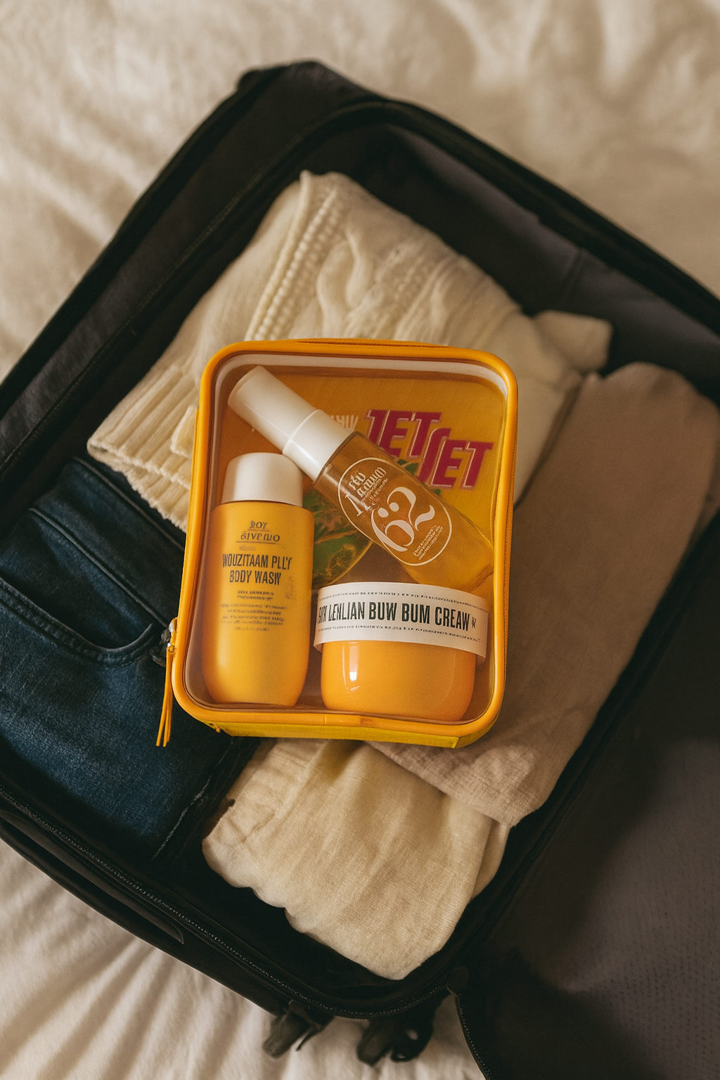 Sol de Janeiro Beija Flor Jet Set featuring three travel-sized beauty products — body cream, body wash, and perfume mist — displayed inside a branded zip pouch, styled with soft lighting and neutral background.