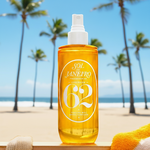 Sol de Janeiro Brazilian Crush Cheirosa ’62 fragrance mist bottle with pastel pink and green tropical packaging, styled upright against a breezy, blurred beach-inspired backdrop.