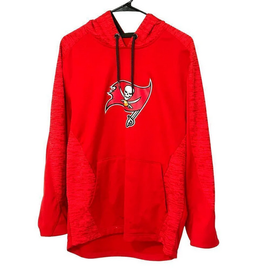Photo of a red Tampa Bay Buccaneers men's hoodie, size medium, featuring the team’s flag logo on the chest, drawstring hood, and front kangaroo pocket.