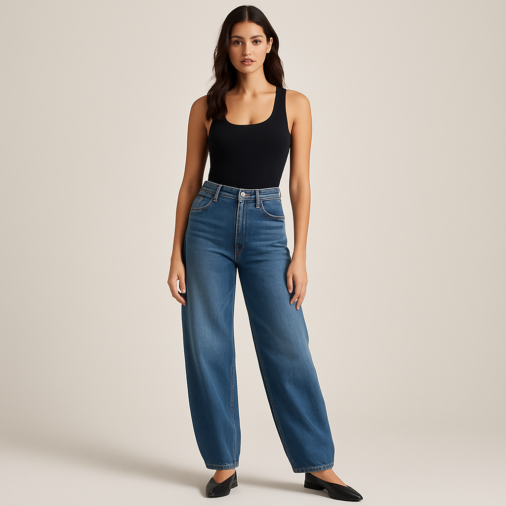 Image of 7 For All Mankind Twisted Bonnie Barrel Leg jeans showcasing a fitted waist and dramatic barrel-leg silhouette in washed denim.