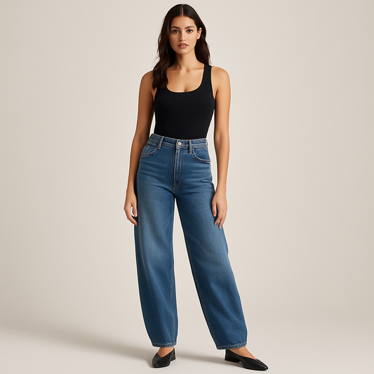 Image of 7 For All Mankind Twisted Bonnie Barrel Leg jeans showcasing a fitted waist and dramatic barrel-leg silhouette in washed denim.