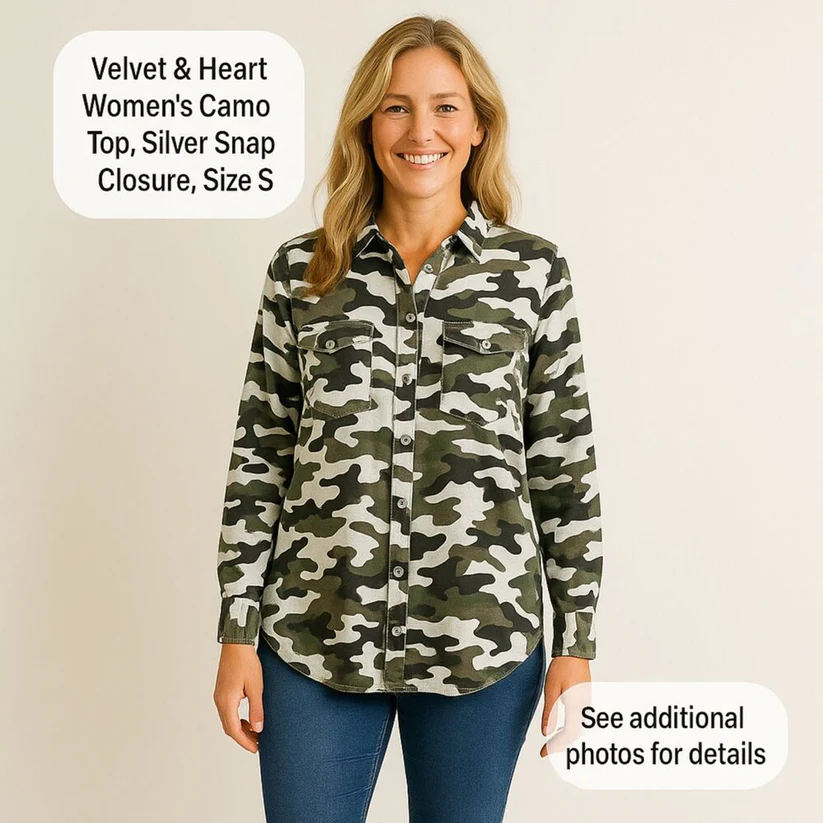 Velvet Heart Women's Camo Top, Silver Snap Closure, Size S