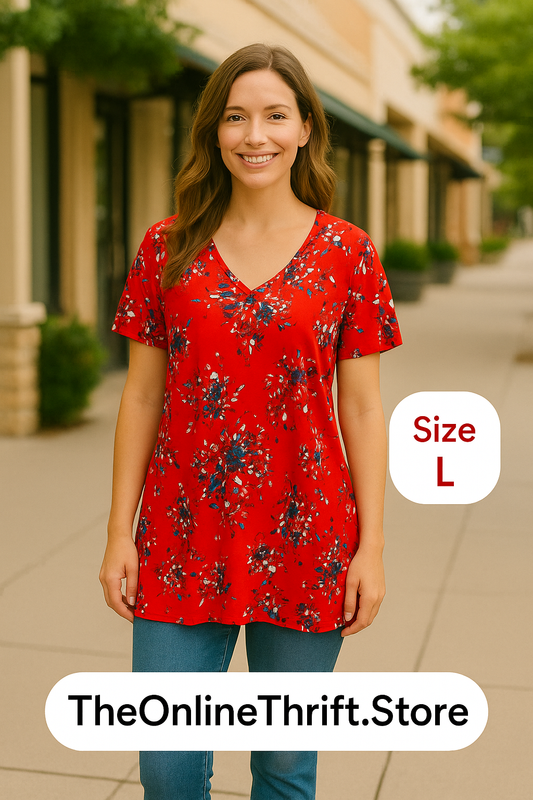 Red Floral V-Neck Tunic Top – Size Large