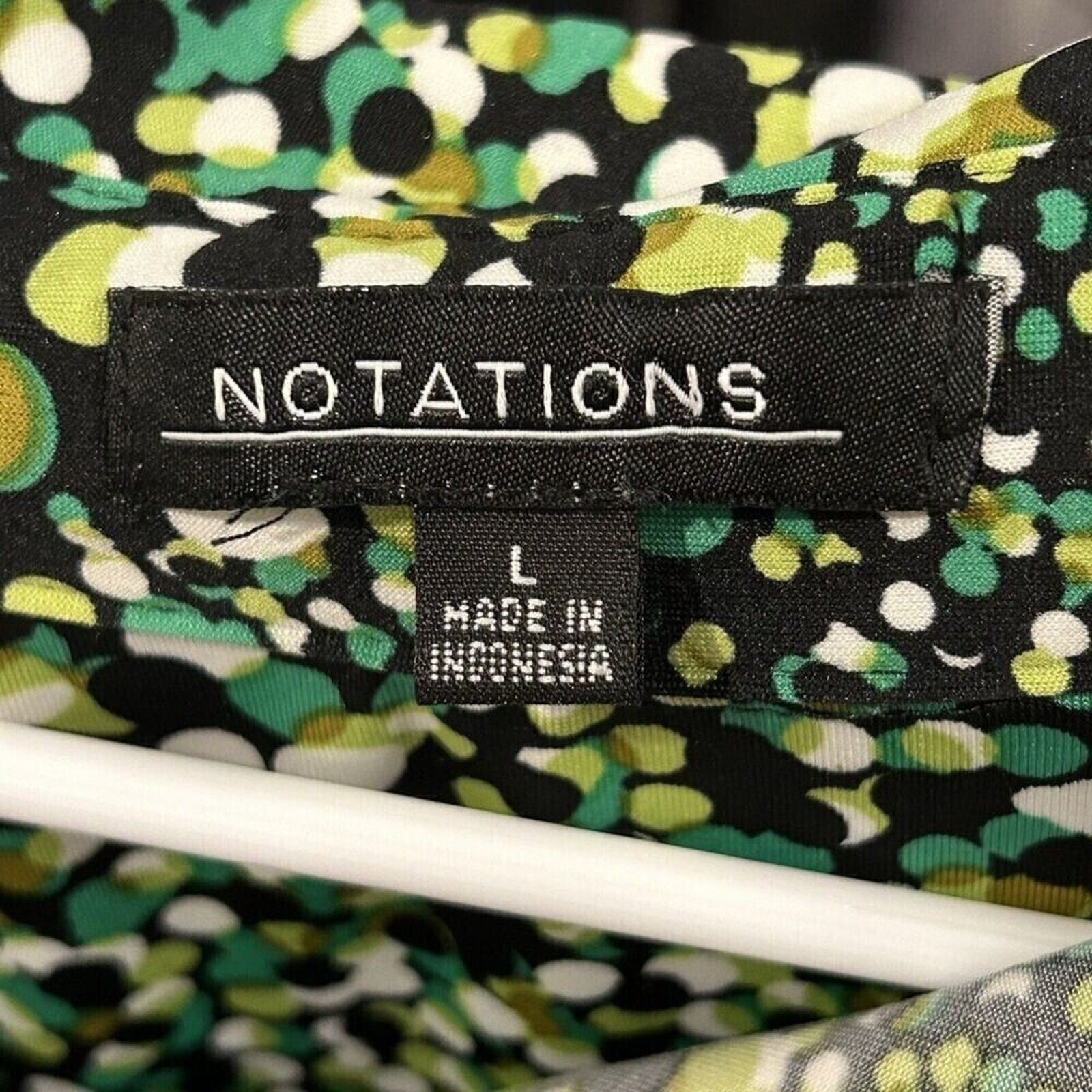 Notations Women's Blouse Size L Polka Dot Gn. Yel. Blk., Silver Buttons #K1294