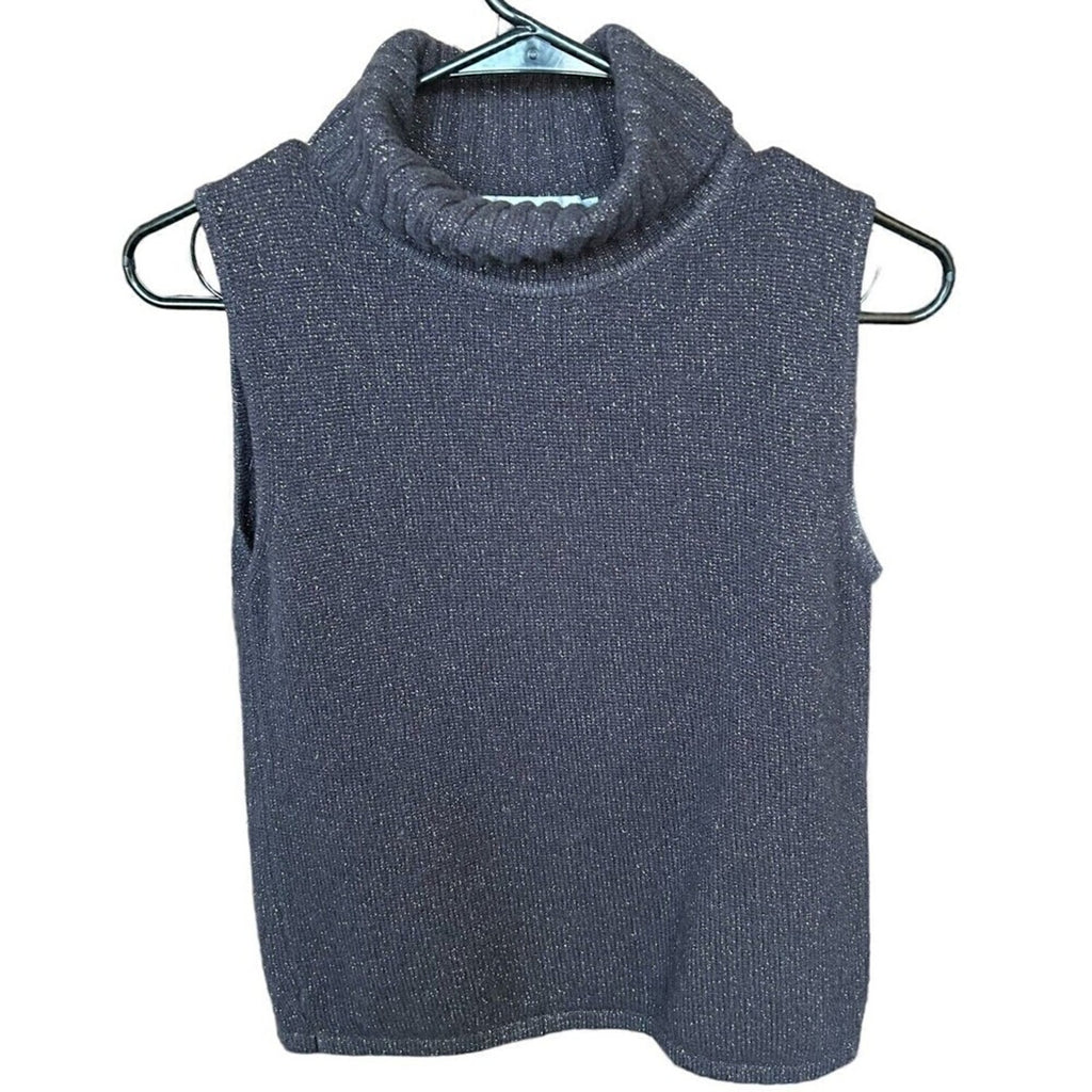 Jaeger Women's Turtleneck, Sleeveless Top, Size M, Bl/Slvr., Made in Italy #1149