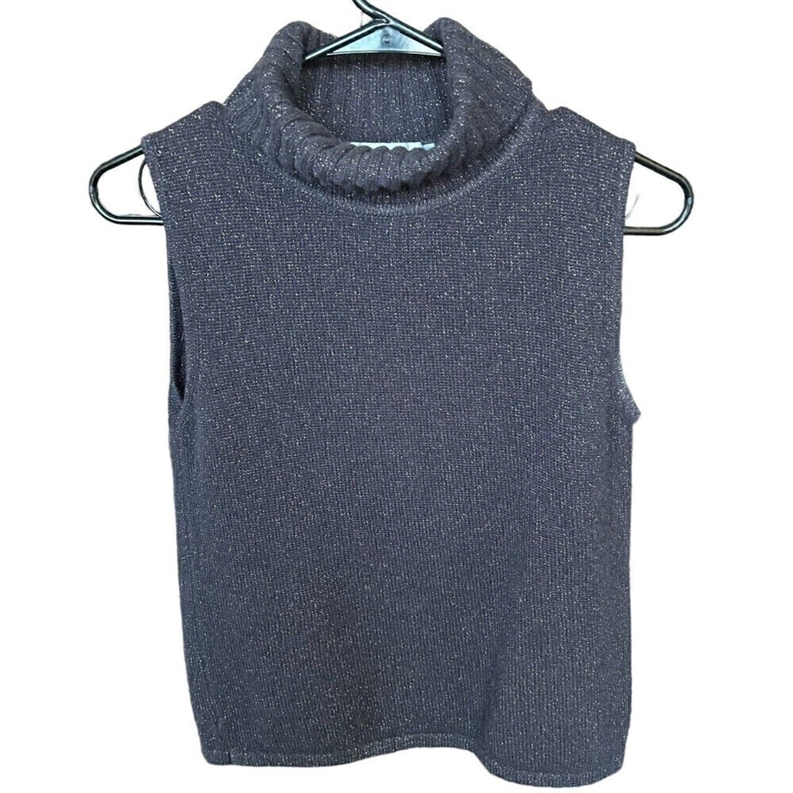 Jaeger Women's Turtleneck, Sleeveless Top, Size M, Bl/Slvr., Made in Italy #1149