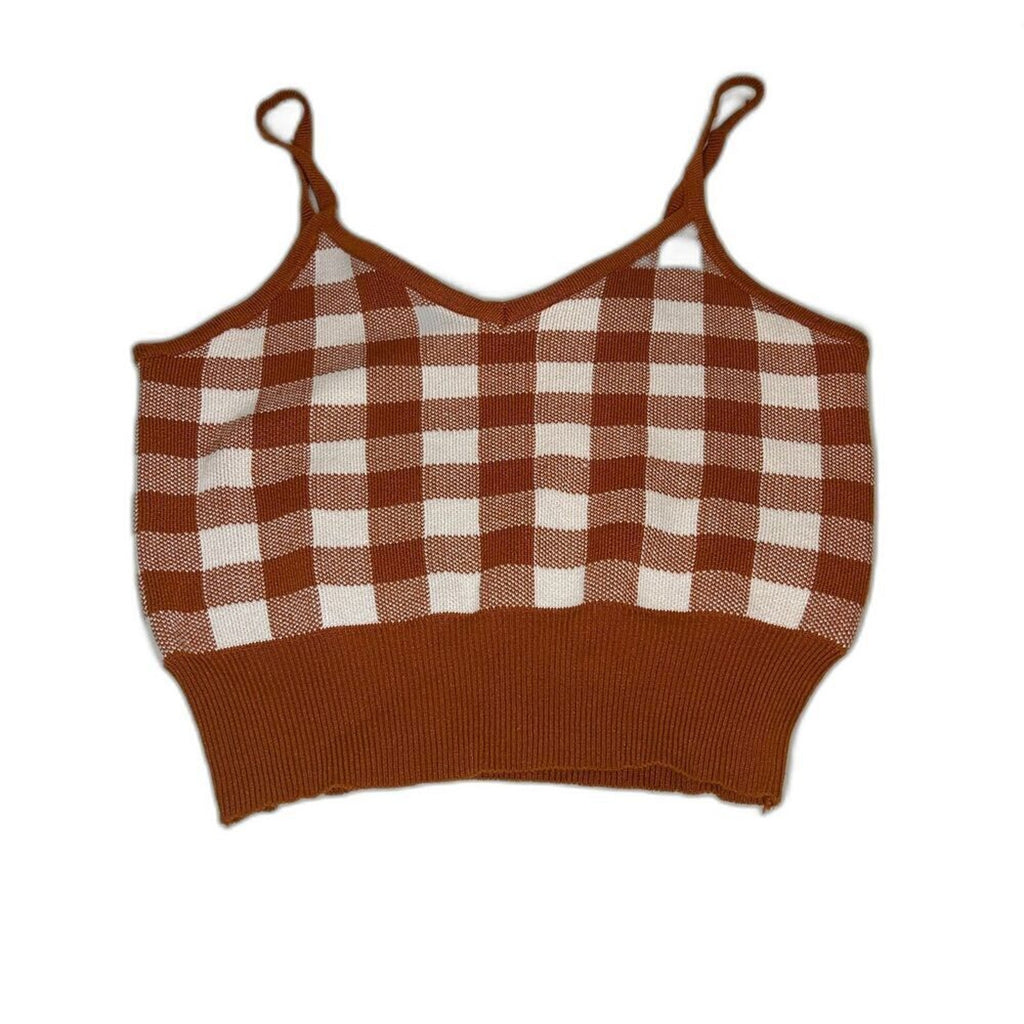 Brown Checkered Stretchy Crop Top M – Spaghetti Strap #M1367