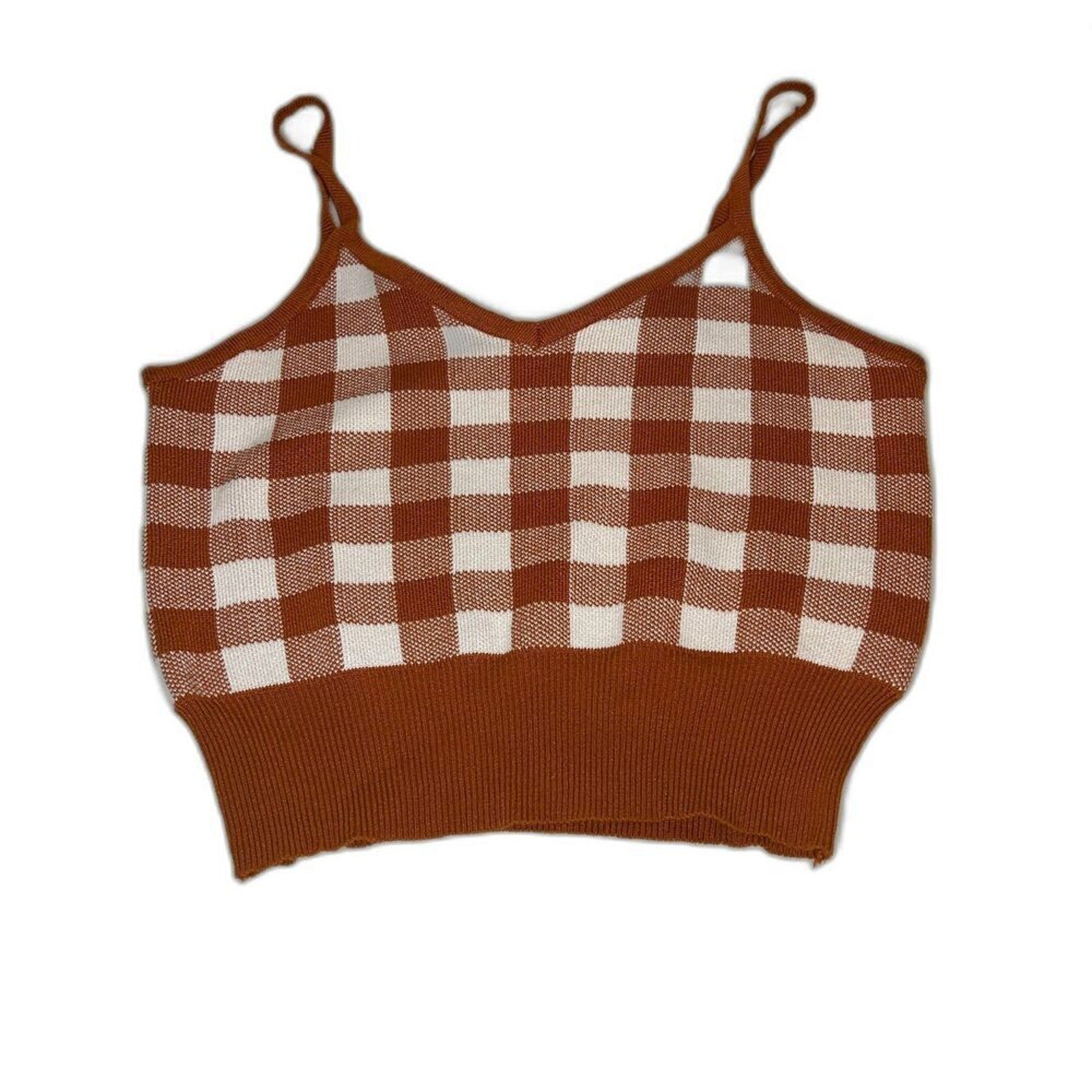Brown Checkered Stretchy Crop Top M – Spaghetti Strap #M1367