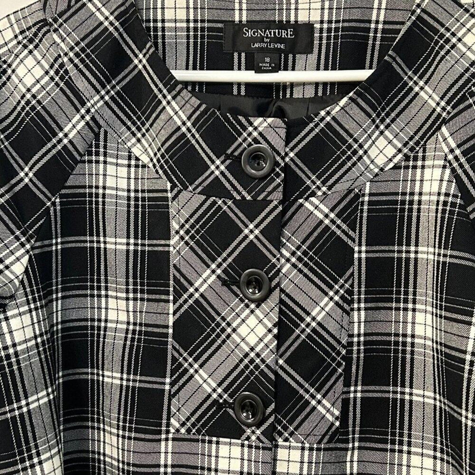 Signature by Larry Levine Women's Size 18 Black White Plaid 3/4 Jacket #BH