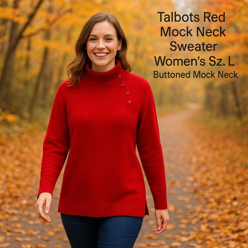 Talbots Red Mock Neck Sweater Women's Sz. L, Buttoned Mock Neck #