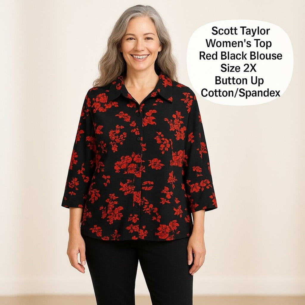 Scott Taylor Women's Top Red Black Blouse Size 2X Button Up Cotton/Spandex #BH
