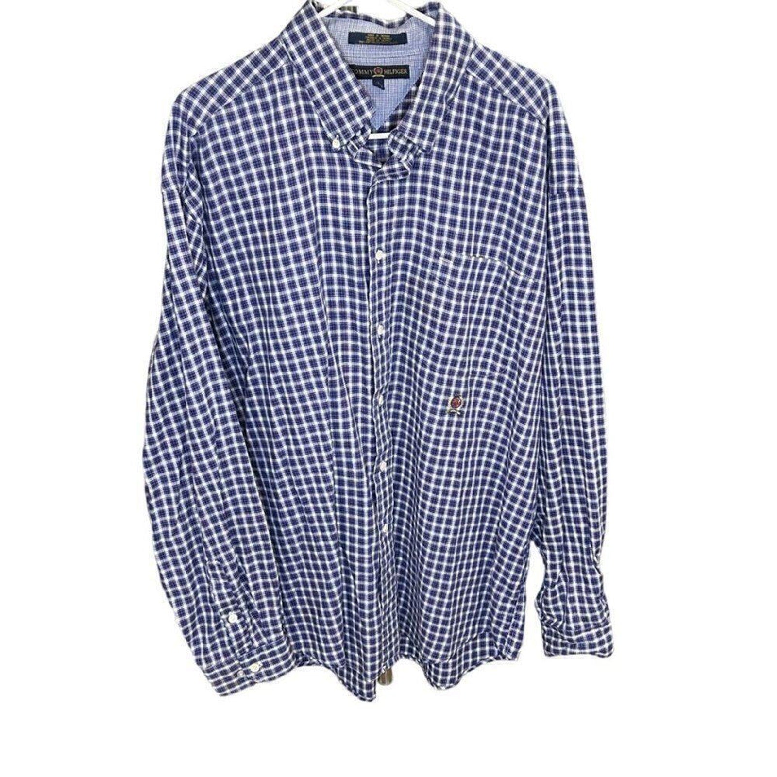 Tommy Hilfiger  Mens Shirt Size XL Blue White Button Up Long Sleeve Check #M1362