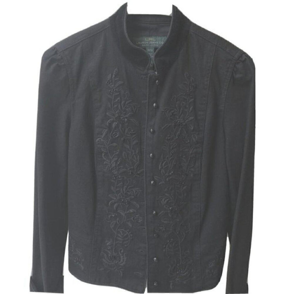 Lauren by Ralph Lauren Black Denim & Velvet Cuff Jacket, Button front Sz: M #BH