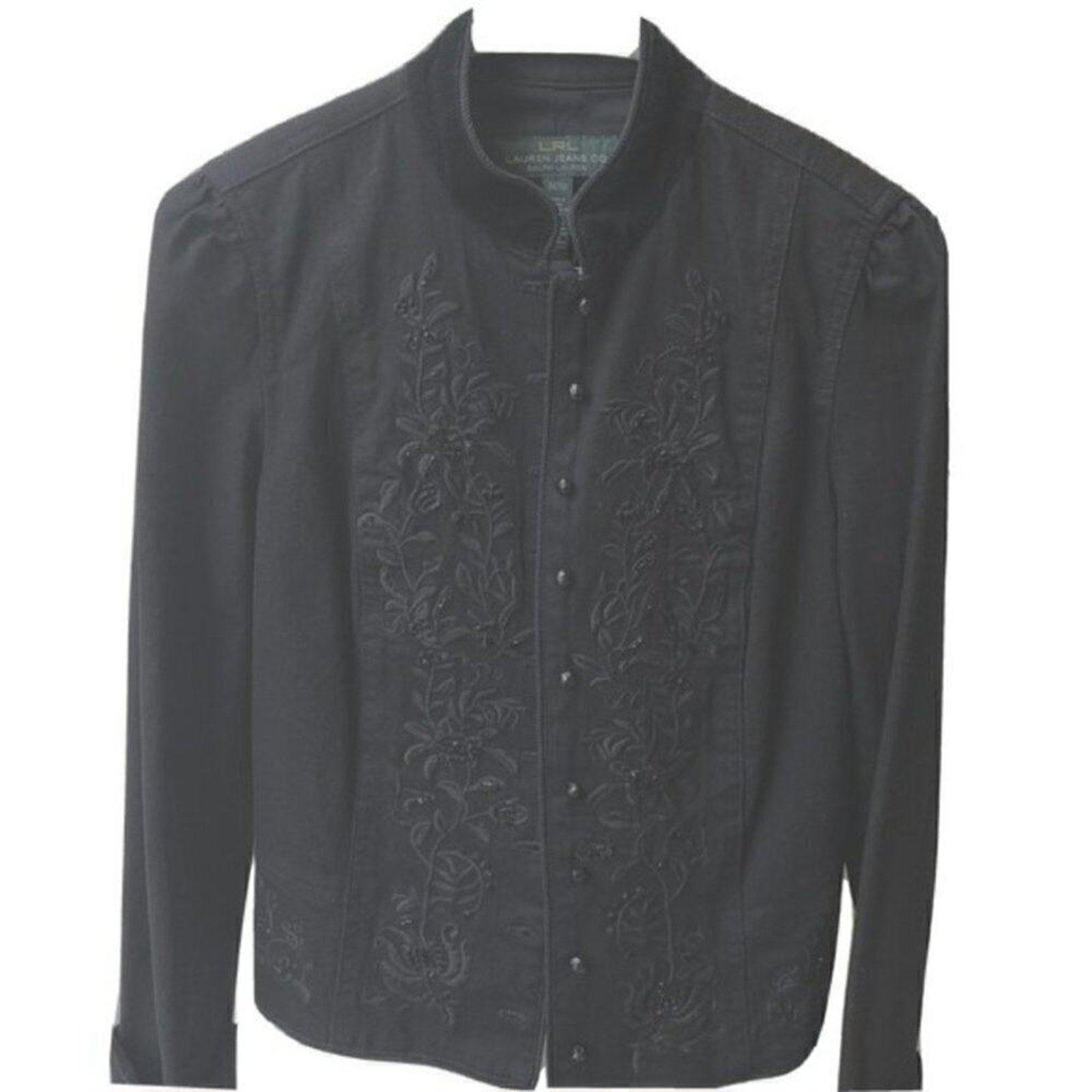 Lauren by Ralph Lauren Black Denim & Velvet Cuff Jacket, Button front Sz: M #BH