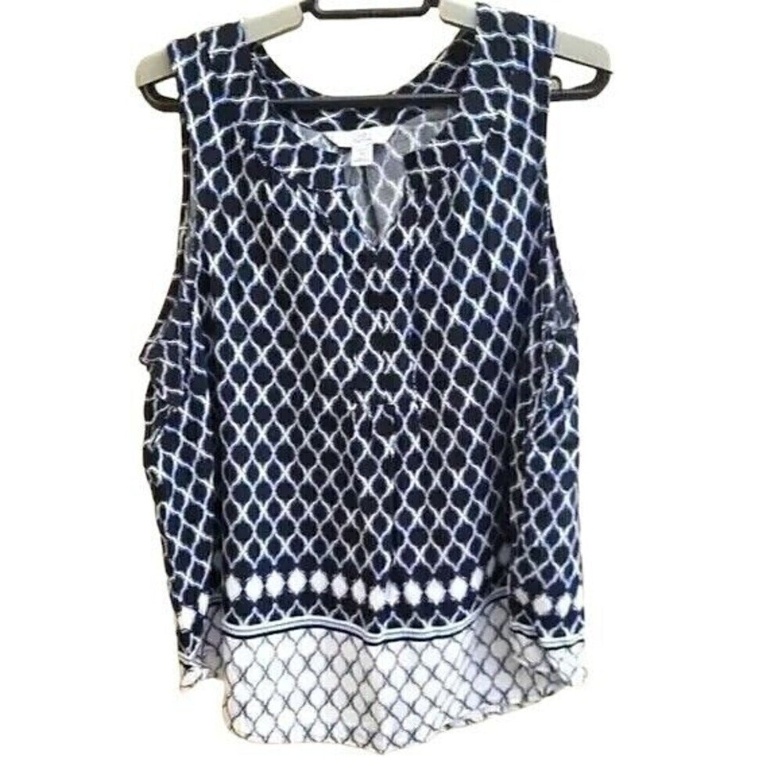 Croft & Barrow Womens Top L Blouse Blue / White Split Neckline Sleeveless #A1164