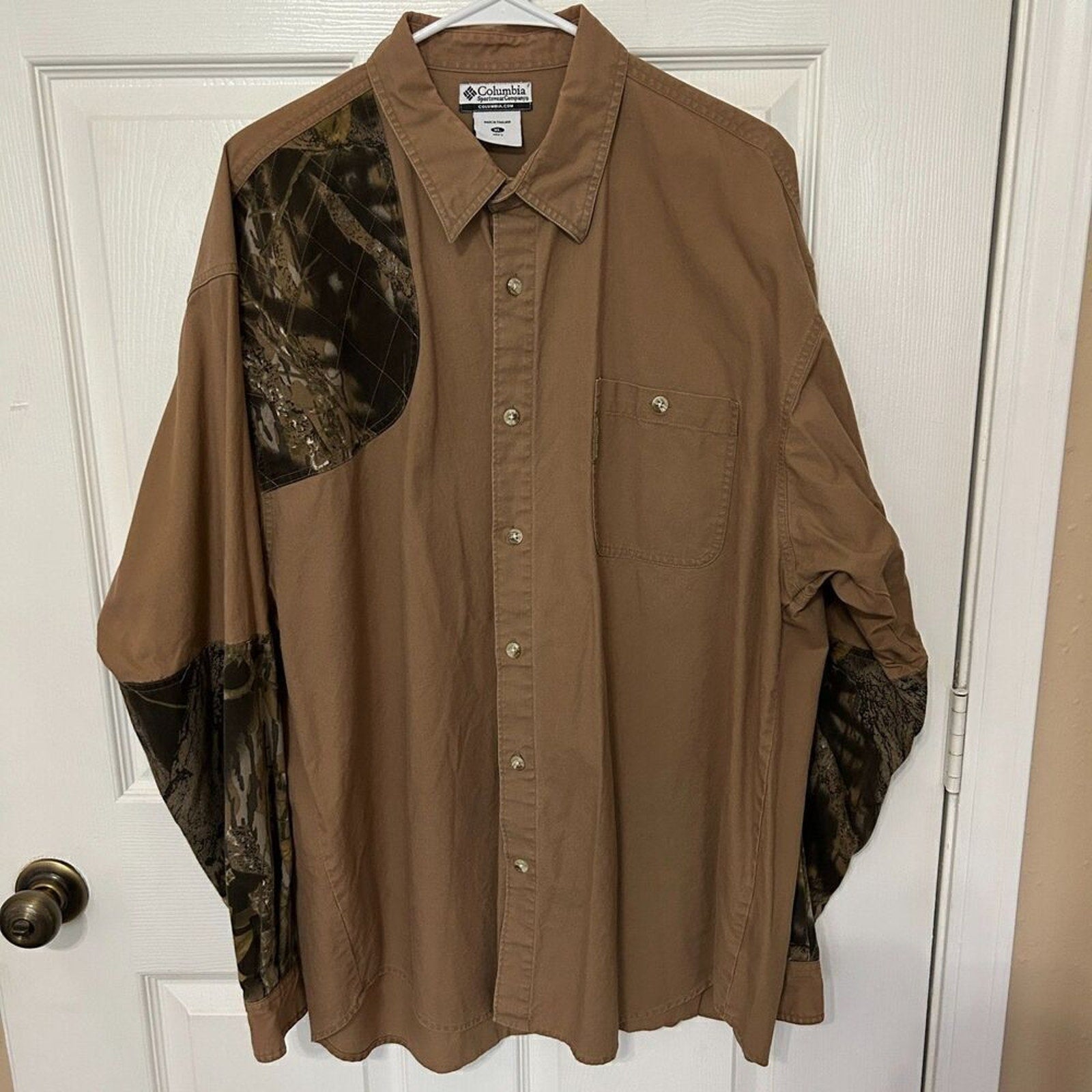 Columbia Shirt Sz XL Shooting Hunting Mens Shoulder Patch Camo Olive