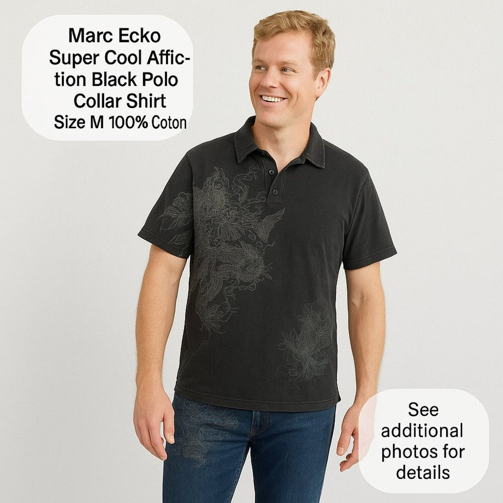 Marc Ecko Super Cool Affliction Black Polo Collar Shirt Size M 100% Cotton