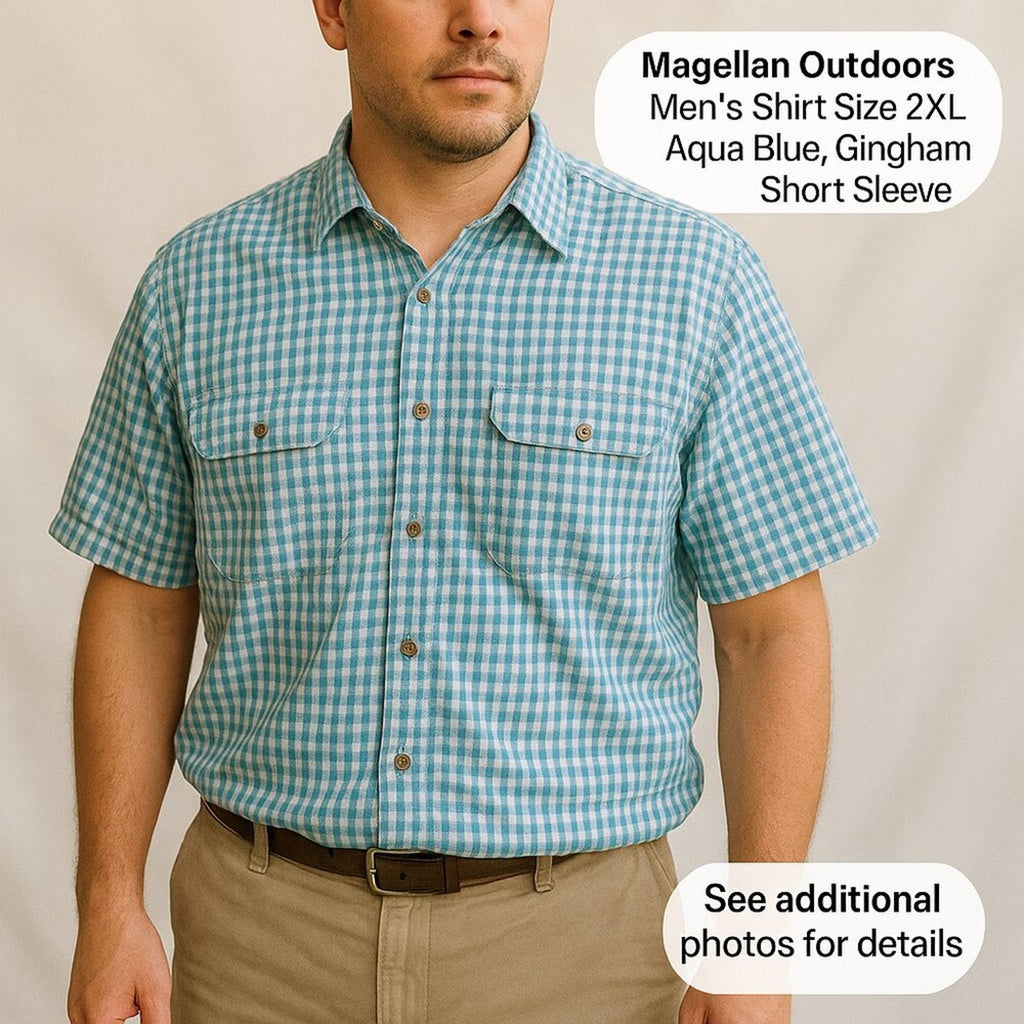 Magellan Outdoors, Men's Shirt Size 2XL, Aqua Blue, Gingham, Short Sleeve #M1396