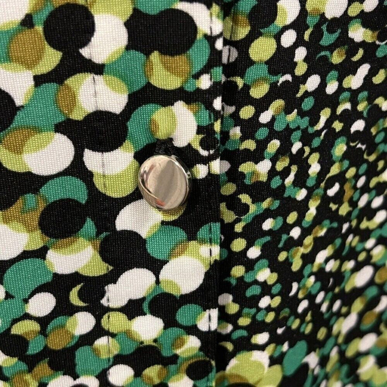 Notations Women's Blouse Size L Polka Dot Gn. Yel. Blk., Silver Buttons #K1294