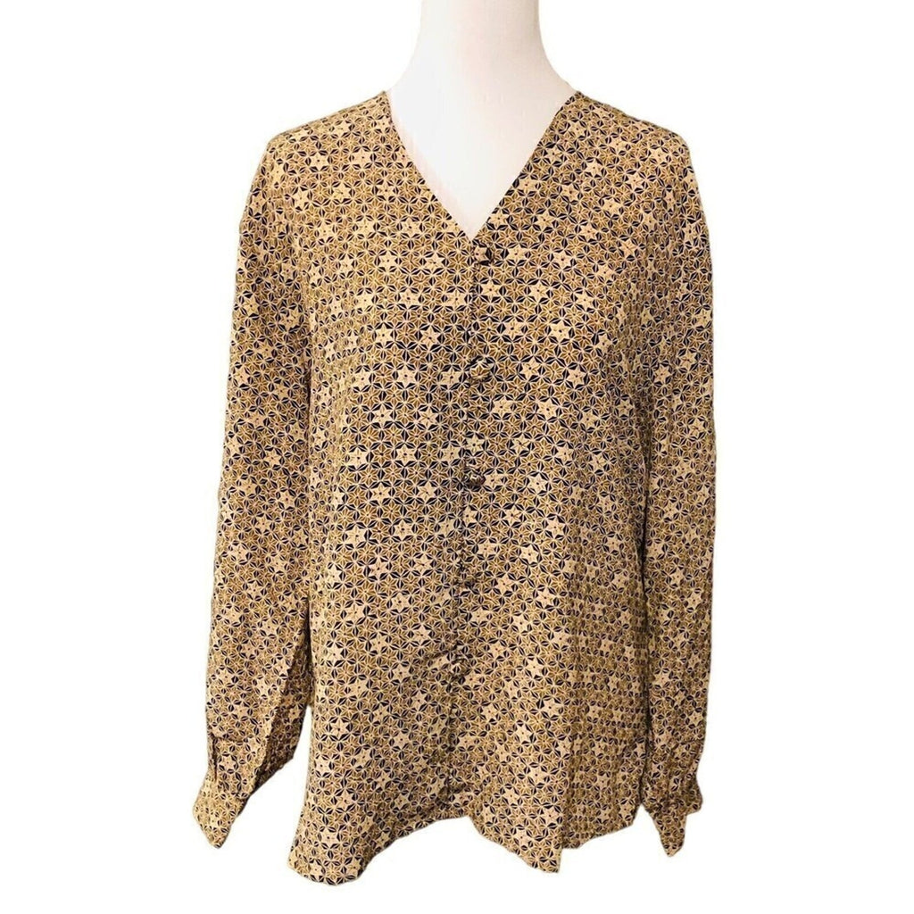 TESS Women's Vtg 100% Silk Black Brown Geo Print Button Blouse Size ( 10 )