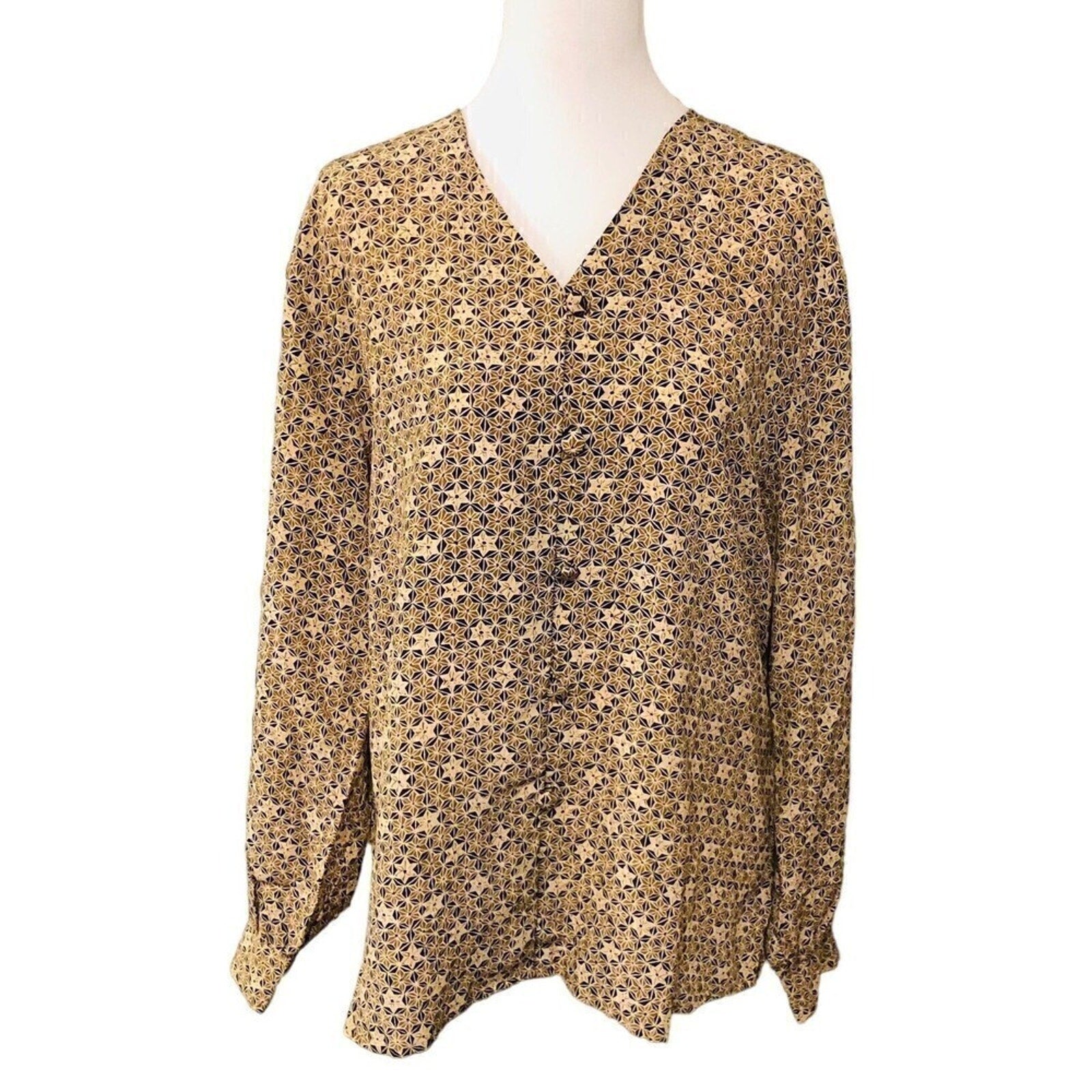 TESS Women's Vtg 100% Silk Black Brown Geo Print Button Blouse Size ( 10 )