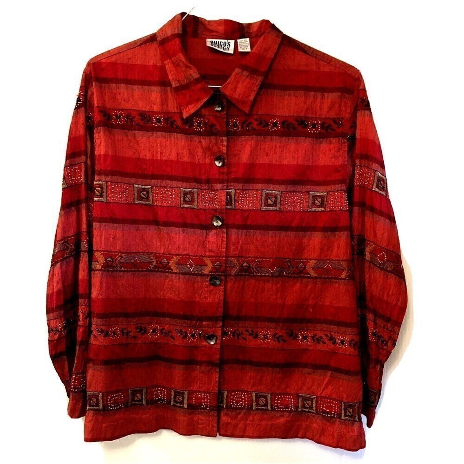 Chico’s Design Silk Embroidered Beaded Striped Top L