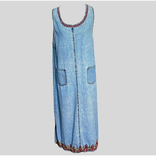 AGAPO Vintage Women’s Denim Embroidered Dress – Size 2X, Sleeveless (Made in India)