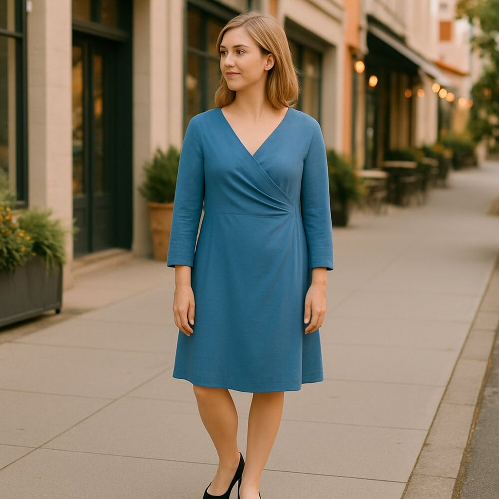 Soft Surroundings Size L Ruched Midi Dress | Teal‑Green‑Blue Cotton Blend