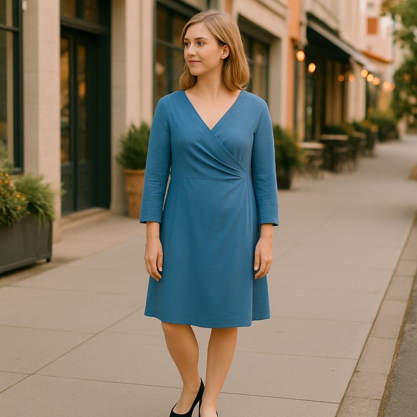 Soft Surroundings Size L Ruched Midi Dress | Teal‑Green‑Blue Cotton Blend