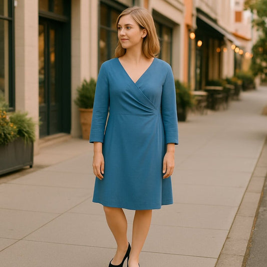 Soft Surroundings Sz.( L )  Dress - Teal Green Blue Midi Cotton Blend Ruched #SH