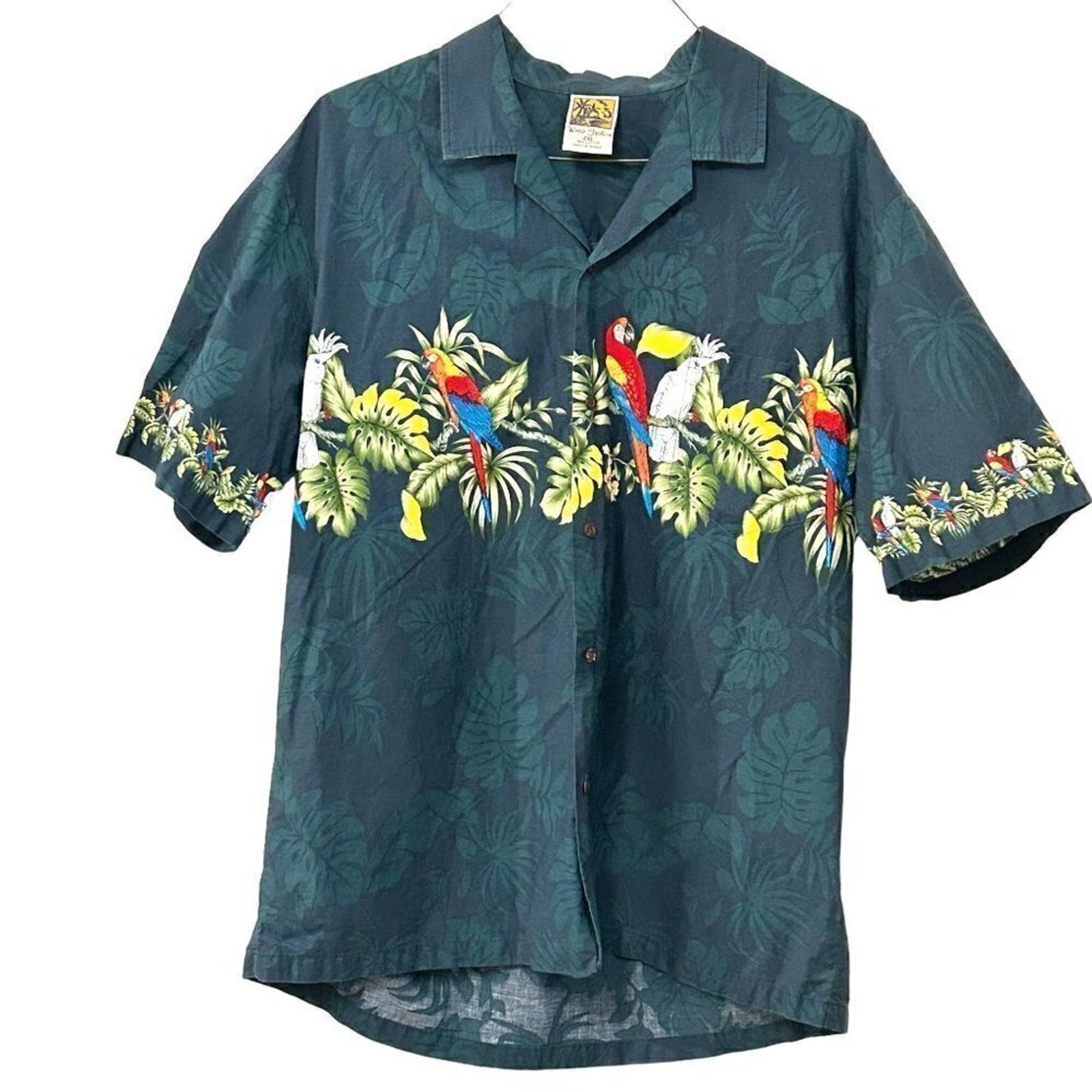 Winnie Fashion Men's Hawaiian Forest Green Luau Parrot Bird Shirt Size 2X #P1454