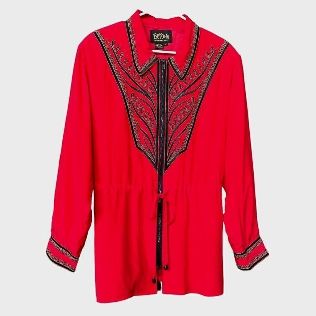 Bob Mackie Wearable Art 100% SILK Sz.L Red  Zipped Long Jacket Embroridered #HB