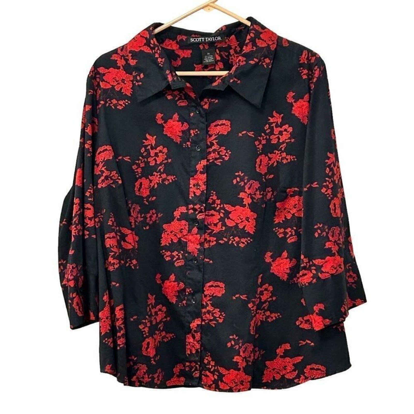 Scott Taylor Women's Top Red Black Blouse Size 2X Button Up Cotton/Spandex #BH