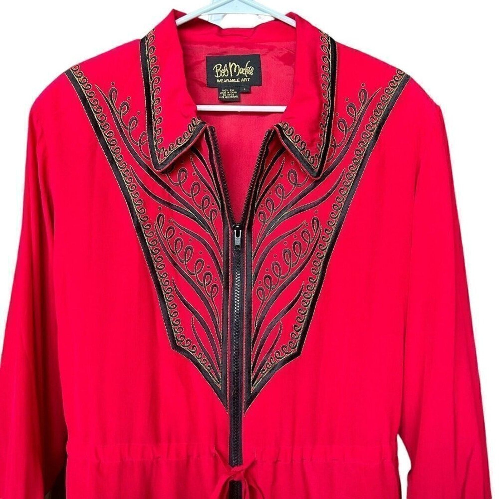 Bob Mackie Wearable Art 100% SILK Sz.L Red  Zipped Long Jacket Embroridered #HB