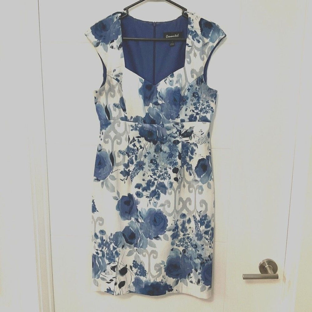 Connected Apparel dress size 10 lined white and blue floral print