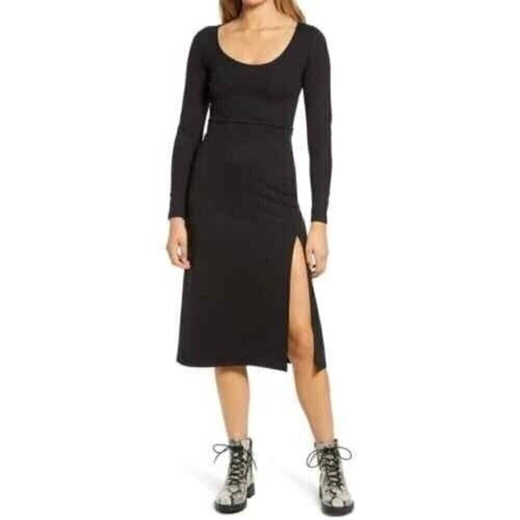 Socialite Women’s Side Slit Long Sleeve Midi Dress — Black, Size XL