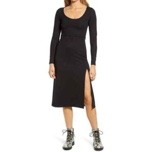 Socialite Women's Side Slit - Long Sleeve Midi Dress Black  - Size XL