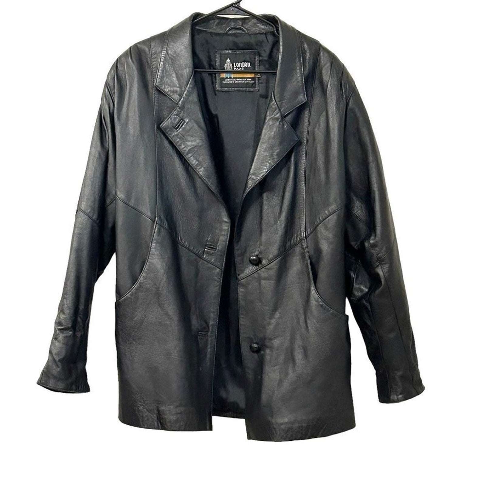 London Fog Men's Vintage Black Leather Jacket Size Medium Button Front #BH