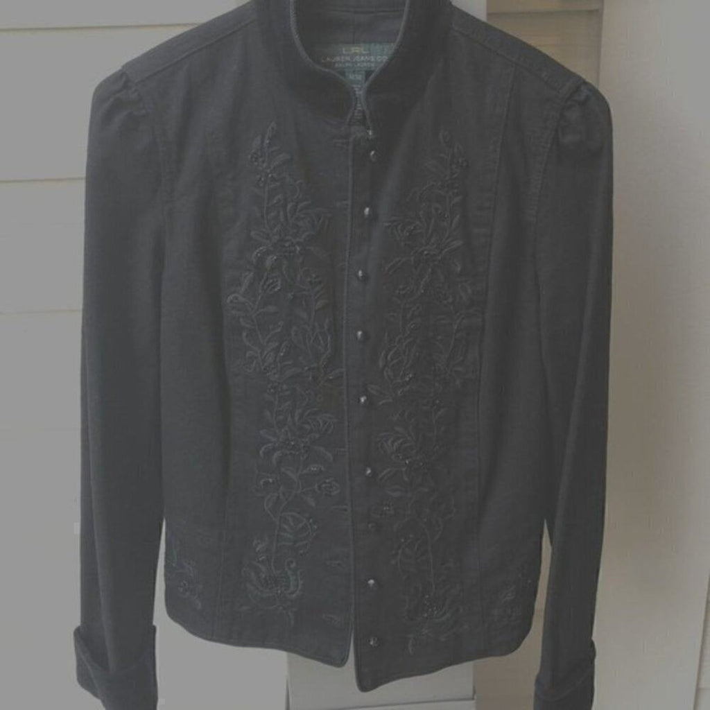 Lauren by Ralph Lauren Black Denim & Velvet Cuff Jacket, Button front Sz: M #BH