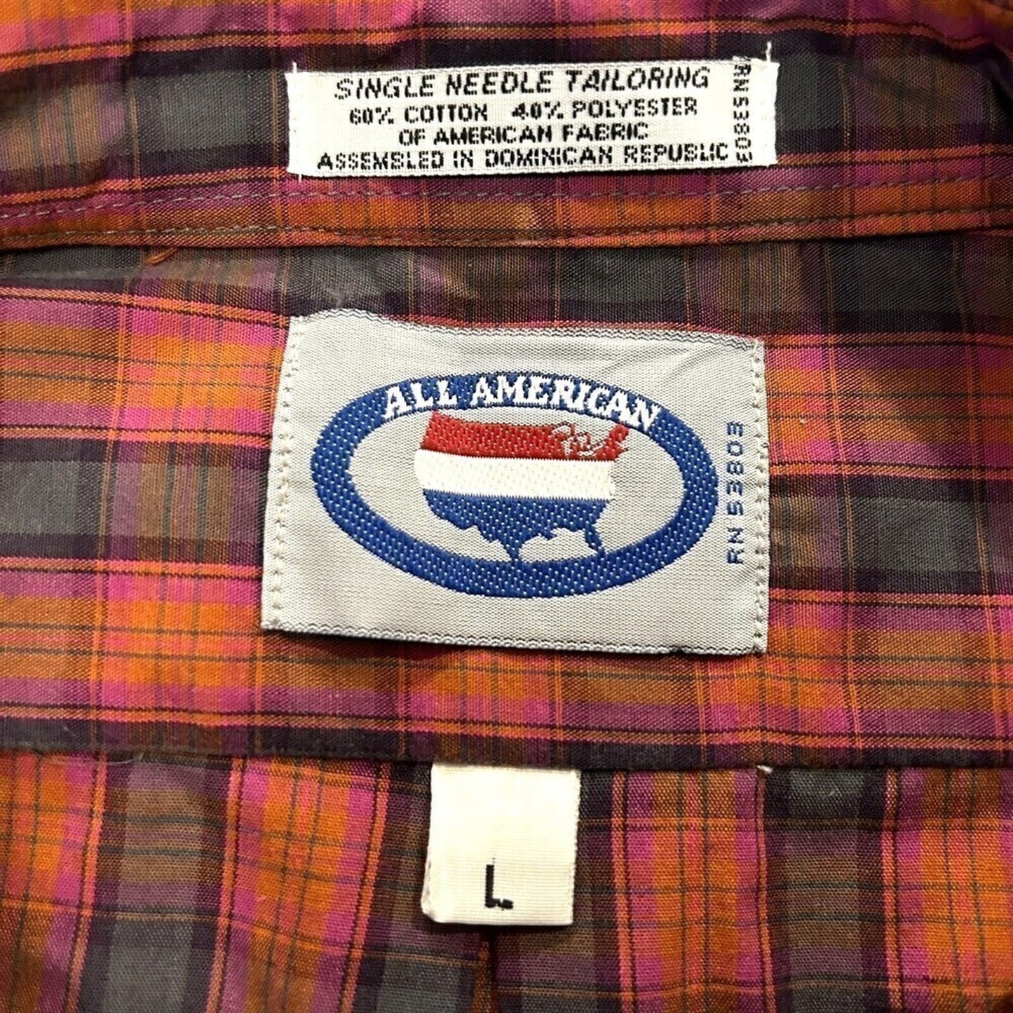 All American Men’s Button-Down Shirt – Size L, Red & Green Plaid, Long Sleeve #K-1357