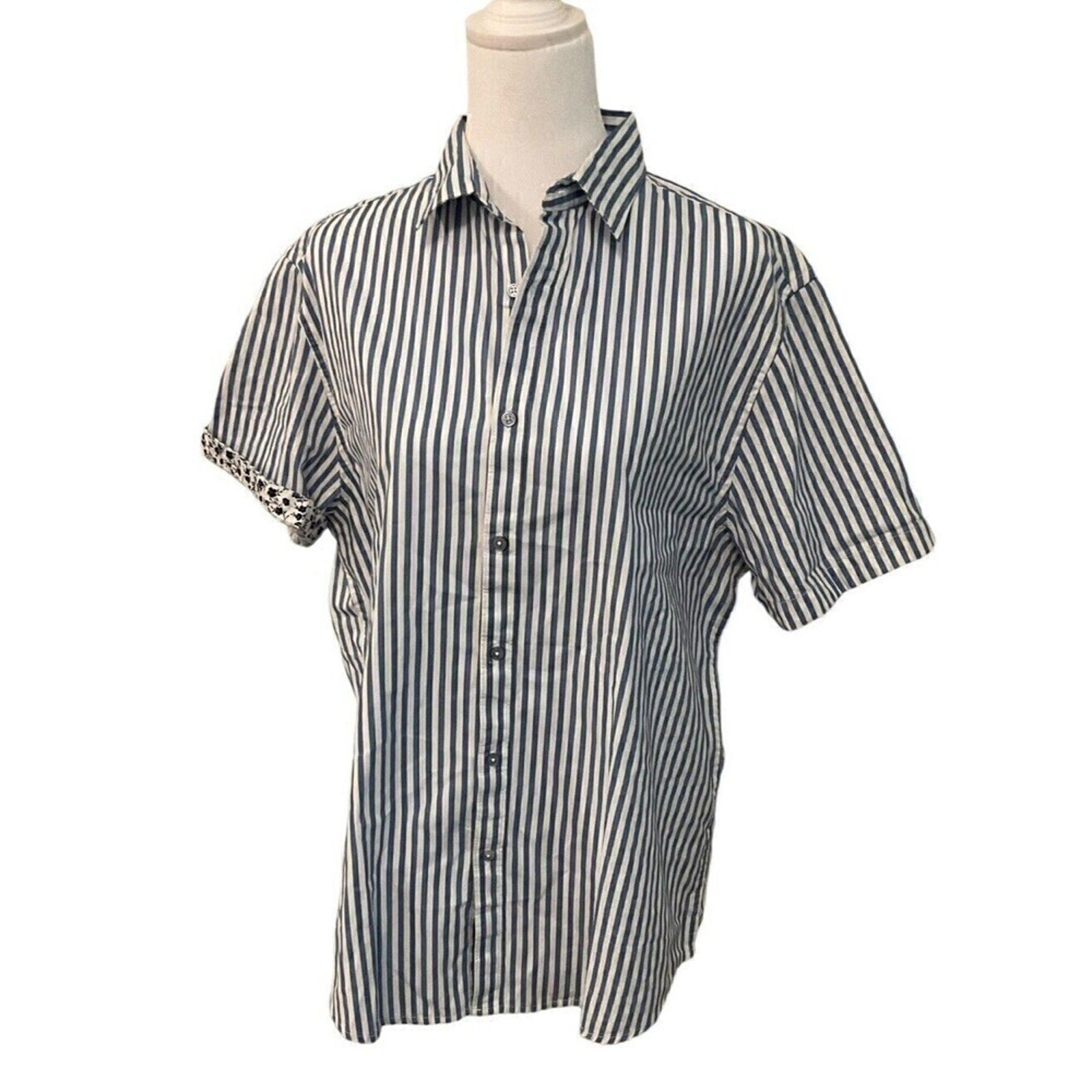 Denim & Flower Womens Casual Stripe Blouse Size L, Short Sleeve #1088 See Photos