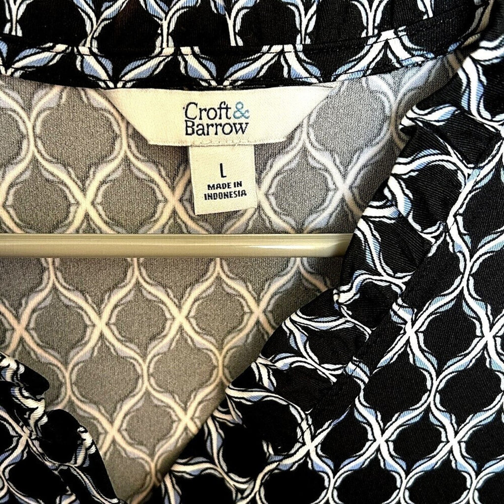 Croft & Barrow Womens Top L Blouse Blue / White Split Neckline Sleeveless #A1164