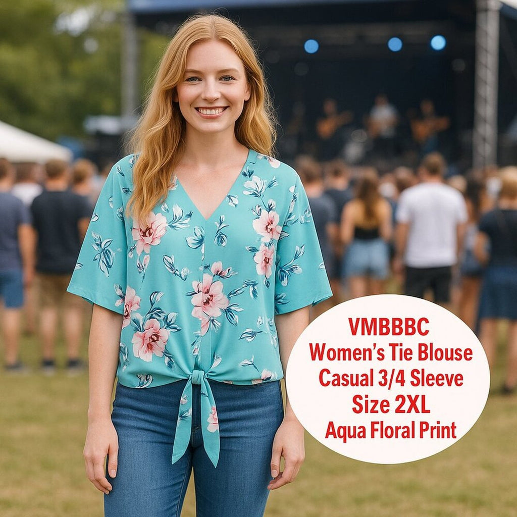 Women's 2XL Aqua Floral Tie Blouse 3/4 Sleeve Casual Boho Style #F1223