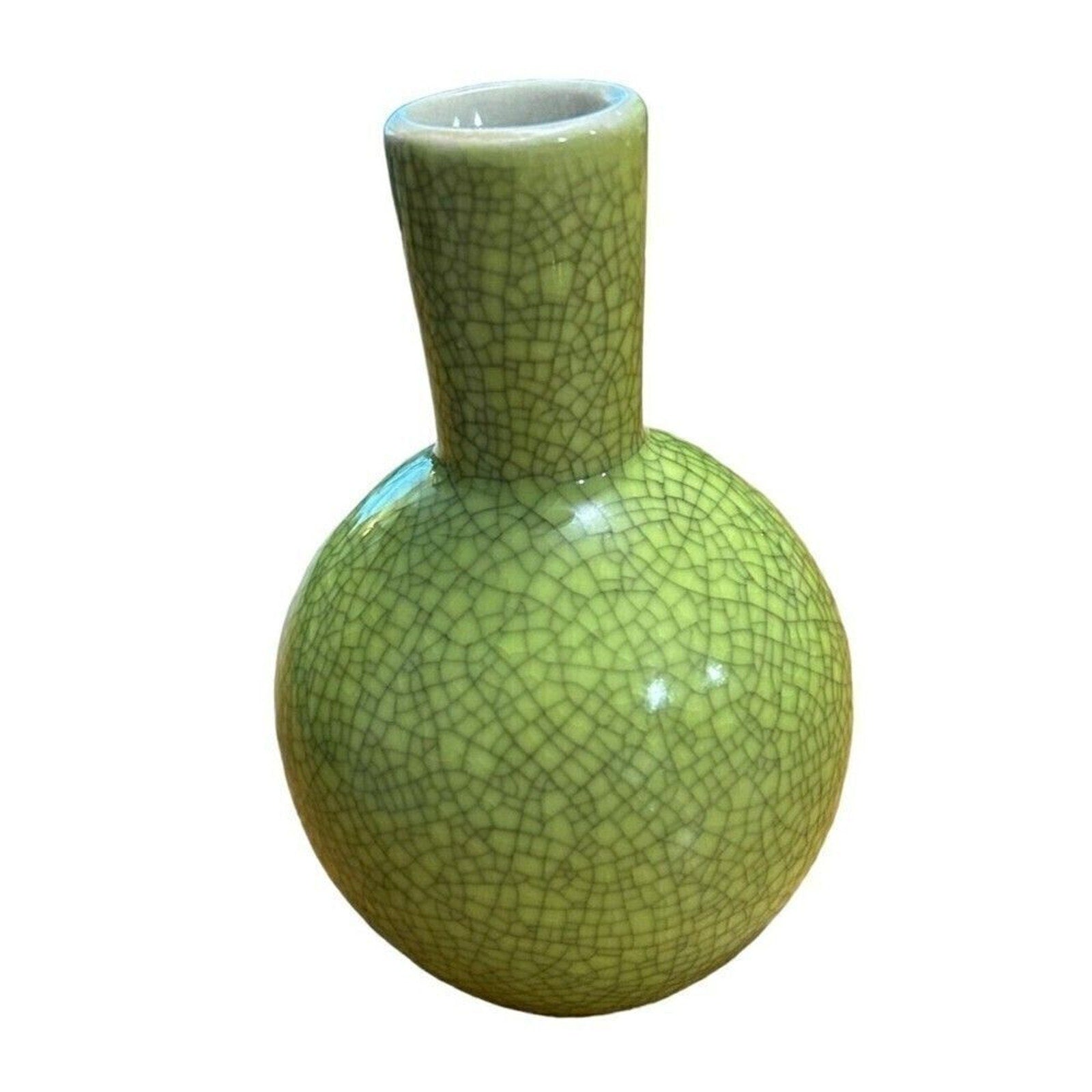 Vintage Chinese Apple Chartreuse Glaze Crackle Ceramic 5" Vase